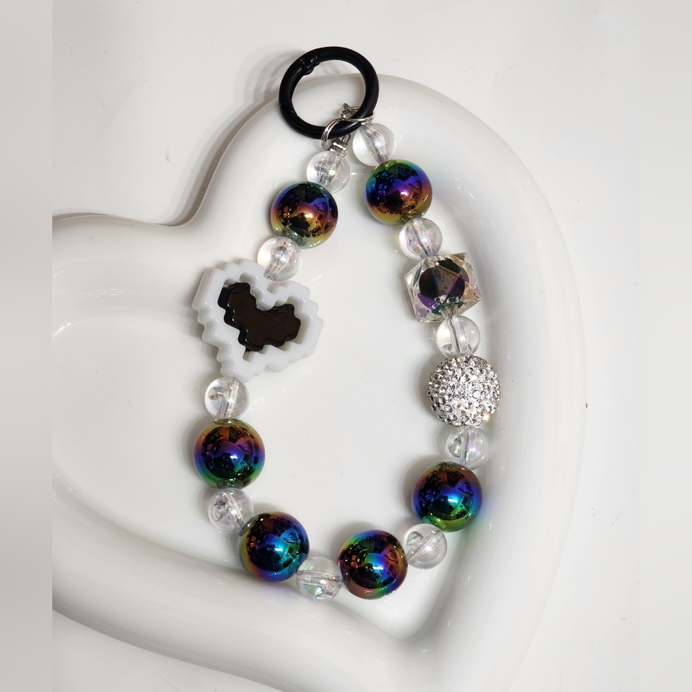 Beaded Phone Chain Heart Black White Keychain Bag Clip‎ Gift Stocking Stuffer